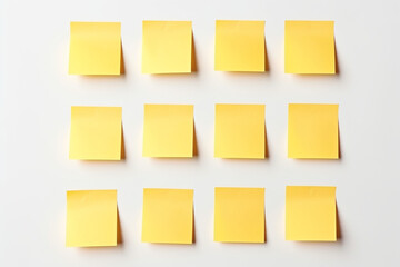 Empty blank square post-it notes on a plain white surface, empty blank paper, minimalistic background, Generative AI