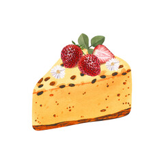 Watercolor dessert, piece mango mousse cake with fresh strawberries. Hand-drawn illustration isolated on white background. Perfect food menu, food drawing, design packing, print