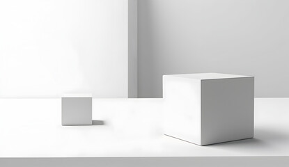 Fototapeta premium Abstract minimal concept. White grey colour background with cube podium abstract geometric and natural shadow. Mock up template for product presentation. copy text space