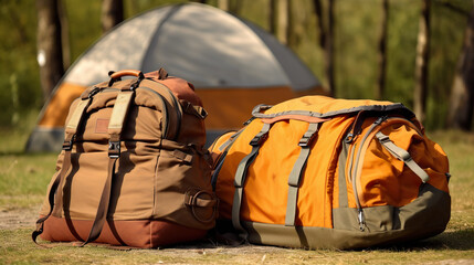 Illustration of travel bags in front of a camping tent, hiking equipment. Sports backpack with a rug near a tourist tent on the background of nature and forest. Generative AI