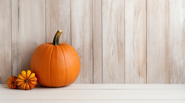 Bright Orange Pumpkin - Head On View of White, Aged Wooden Backdrop with Copy Space - Farmhouse Aesthetic for Fall, Autumn, and Winter - Generative AI