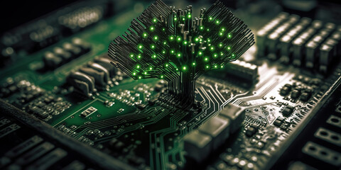Fototapeta premium Ecological technological concept. Green tree growing on computer motherboard processor. Green computing, green IT in a technology environment. Realistic 3D illustration. Generative AI