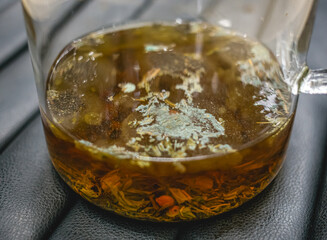 Mold on black tea in a teapot. Tea mold in a glass teapot close-up. Spoiled tea.