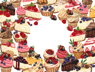 Watercolor frame dessert, colorful sweet cakes slices pieces of cheesecake with berries. Hand-drawn illustration isolated on white background.Perfect food menu, food drawing, design packing, print
