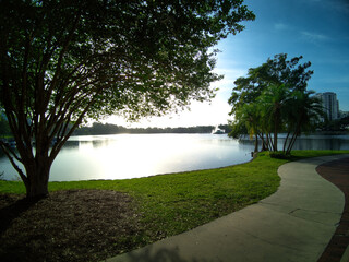 Morning sunrise walks around Lake Eola Park in the heart of Orlando Florida.