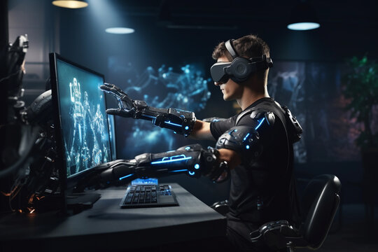 An engineering student using virtual reality headphones, holding joysticks, and controlling a bionic limb.