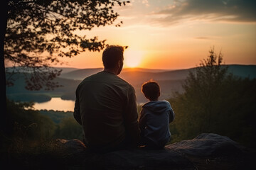 Father Sitting Next To Son Watching Sunset, Father's Day Celebration Image. - obrazy, fototapety, plakaty
