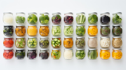 World Vegetarian Day. Healthy food clean eating selection: fruit, vegetable, seedsl, leaf vegetable on white. Jars with portions of healthy food