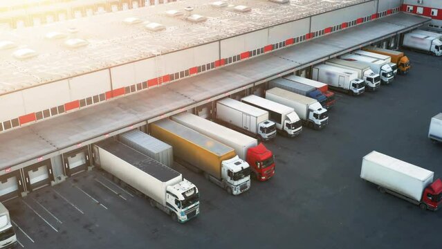 Aerial view of a warehouse with many semi-trailers trucks standing at ramps for unloading and loading goods in a logistics park