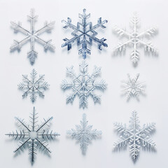 Set white snowflakes on a blue an white background for winter design. Collection of Christmas New Year elements.