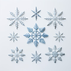 Set white snowflakes on a blue an white background for winter design. Collection of Christmas New Year elements.