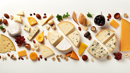 Assortment of cheeses on the white, flat lay. Taditional pieces of Spanish, French, Italy cheese. National Cheese Day