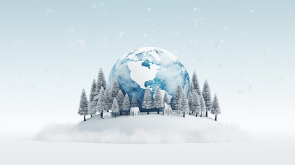 Fototapeta na wymiar Earth globe with continents on snow and blue background. The concept of cold snap, winter.