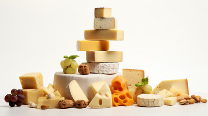 Assortment of cheeses on the white, side view. Taditional pieces of Spanish, French, Italy cheese. Copy space and for for congratulations National Cheese Day