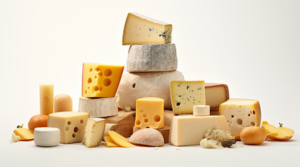 Assortment of cheeses on the white, side view. Taditional pieces of Spanish, French, Italy cheese.  Copy space and for for congratulations National Cheese Day