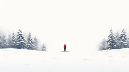 Winter backgraund, where the men is dressed in a red coat, a hat with a backpack on the trees where there is snow .