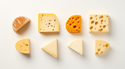 Assortment of cheeses on the white, flat lay. Taditional pieces of Spanish, French, Italy cheese.  National Cheese Day