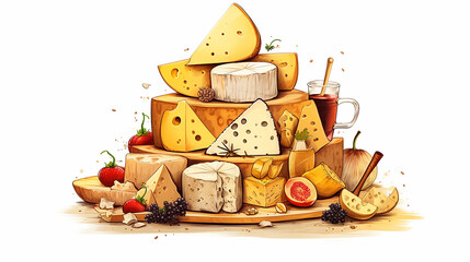 Assortment of cheeses on the white, side view. Taditional pieces of Spanish, French, Italy cheese.  Copy space and for for congratulations National Cheese Day