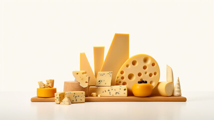Assortment of cheeses on the white, side view. Taditional pieces of Spanish, French, Italy cheese. Copy space and for for congratulations National Cheese Day