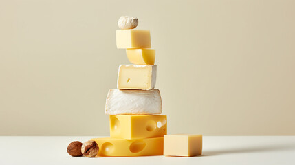 Assortment of cheeses on the white, side view. Taditional pieces of Spanish, French, Italy cheese. Copy space and for for congratulations National Cheese Day