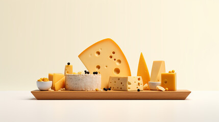 Assortment of cheeses on the white, side view. Taditional pieces of Spanish, French, Italy cheese.  Copy space and for for congratulations National Cheese Day