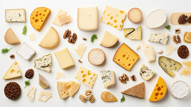 Assortment of cheeses on the white, flat lay. Taditional pieces of Spanish, French, Italy cheese.  National Cheese Day