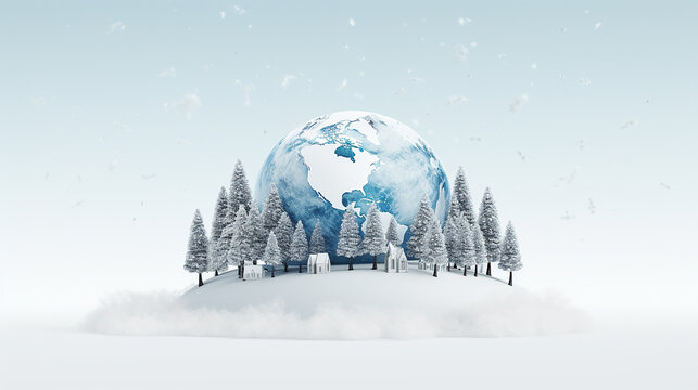 Earth globe with continents on snow and blue background. The concept of cold snap, winter.