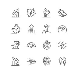Set of performance related icons, sprint, boost, brain, gain, power, speed, graph and linear variety vectors.