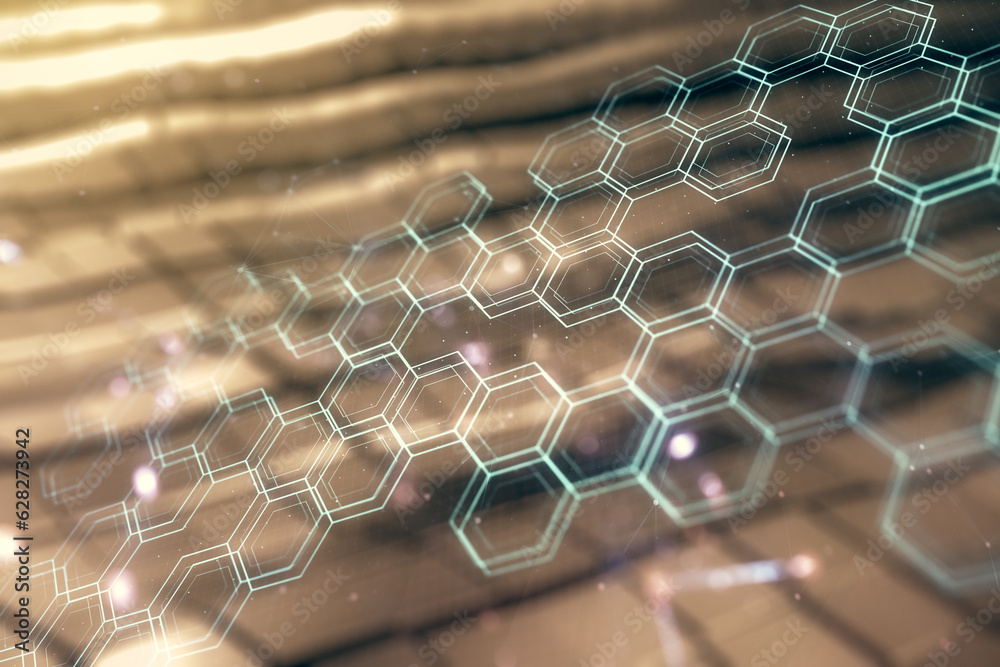 Poster double exposure of abstract virtual technology hologram with hexagon on blurry metal background. res