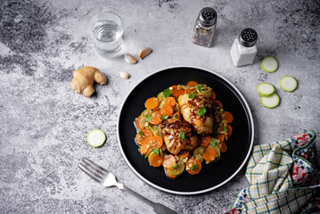 Moroccan spiced chicken with zucchini and carrots in a plate