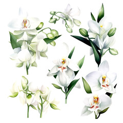 Obraz premium set of white orchid flowers, flower watercolor, leaves watercolor 
