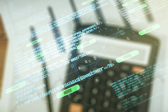 Abstract virtual coding illustration on blurry calculator and papers background, software development concept. Multiexposure