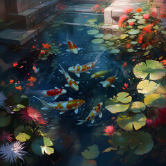 Various fish are playing in a clear and beautiful pond, generated by generative artificial intelligence