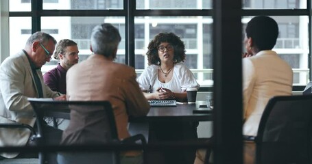 Business people, meeting and corporate strategy in teamwork discussion for ideas at the office. Group of employees in team planning, presentation or training staff for collaboration at conference - Powered by Adobe