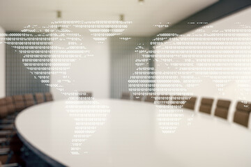 Double exposure of abstract digital world map on a modern meeting room background, research and strategy concept