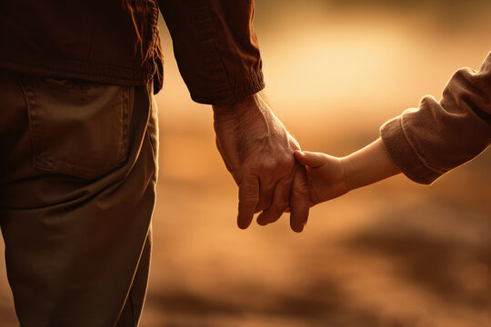 Father walking hand in hand with son at sunset, Father's Day celebration image.