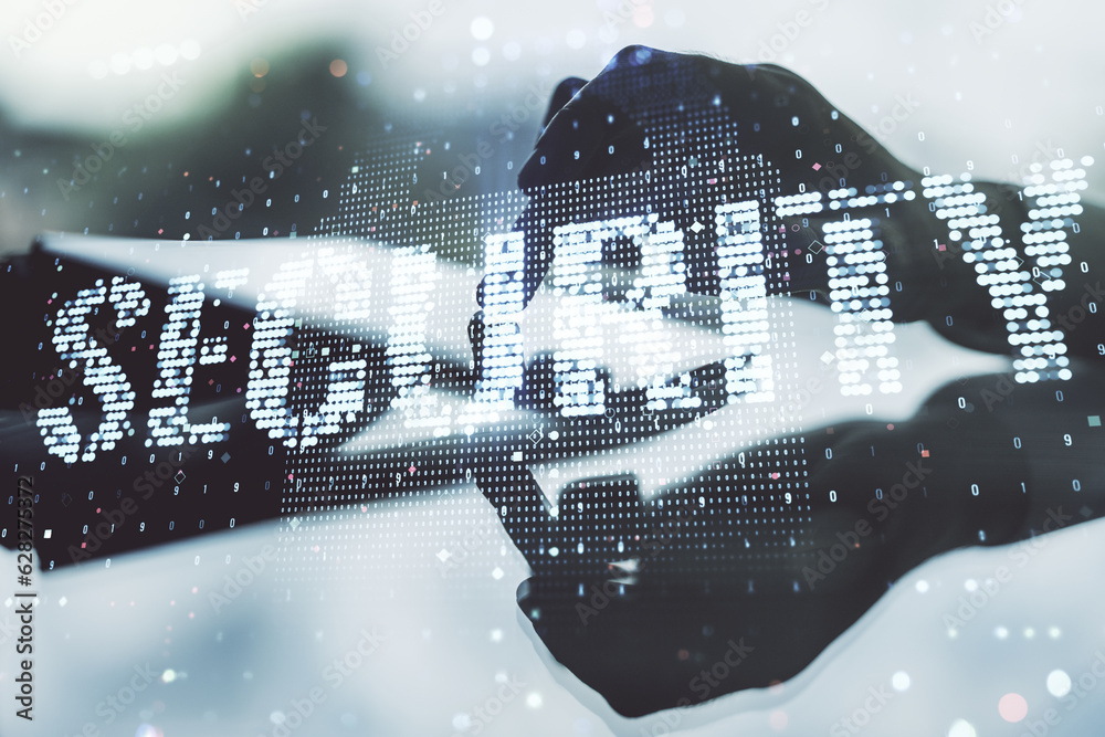 Poster cyber security creative concept with finger clicks on a digital tablet on background. double exposur