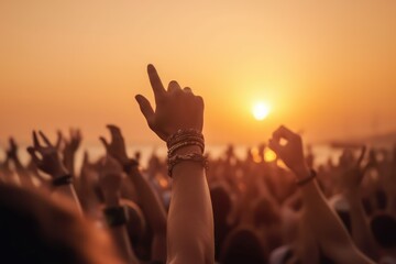 Cheering crowd with hands in air at music festival, AI generated