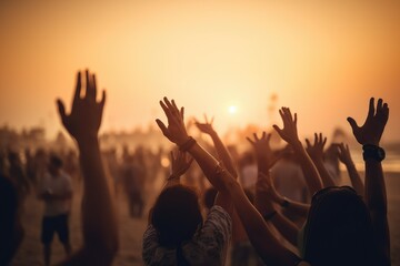 Cheering crowd with hands in air at music festival, AI