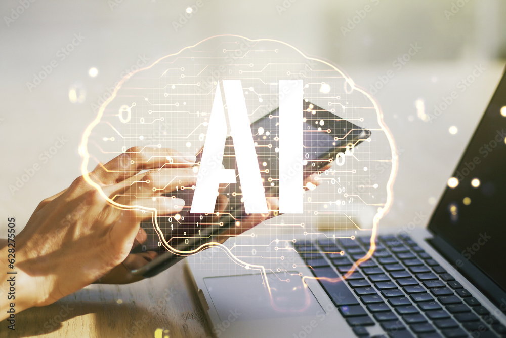 Aufkleber creative artificial intelligence concept with human brain sketch and finger presses on a digital tab