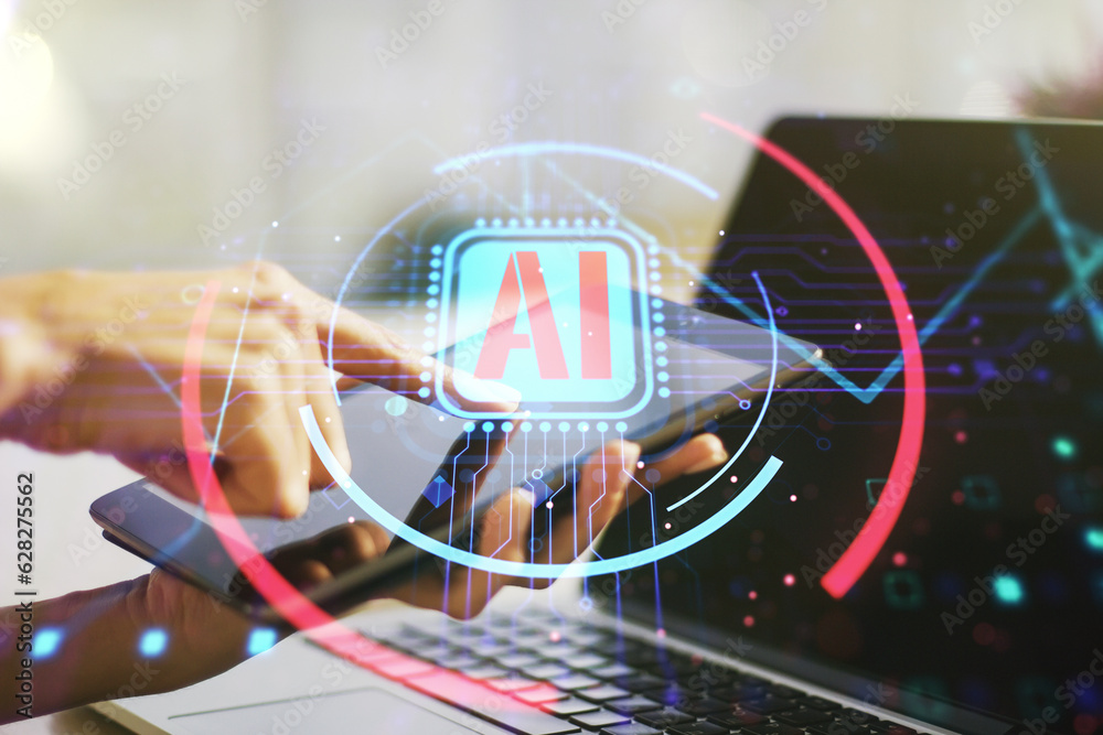 Aufkleber double exposure of creative artificial intelligence abbreviation and hand working with a digital tab
