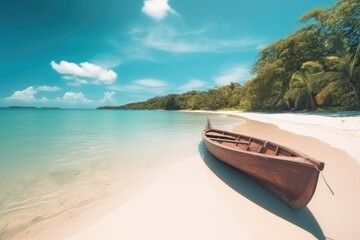 Canoe on the tropical sandy beach. Beautiful summer land, AI generated - obrazy, fototapety, plakaty