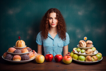 A young woman making a choice between healthy and unhealthy food.