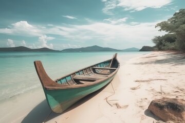 Fototapeta na wymiar Canoe on the tropical sandy beach. Beautiful summer land, generative AI