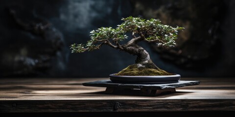 Horizontal image of a bonsai tree, on a wooden table.
