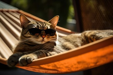 Cat wearing sunglasses sleep on a Hammock bed and sunbat