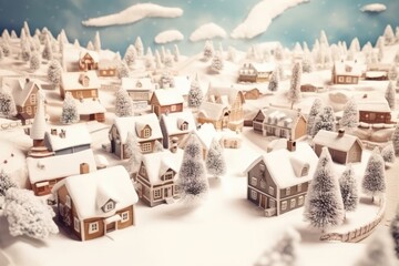 Fototapeta premium Christmas village with Snow in vintage style, Ai