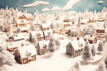 Fototapeten Christmas village with Snow in vintage style, Ai © GalleryGlider