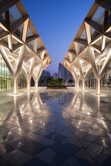 empty floor with modern. building at night