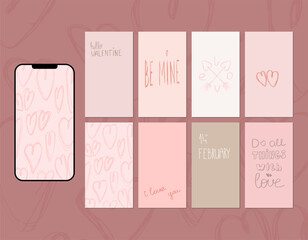 Social media story layout. Inscriptions for Valentine's Day in doodle style. Pastel pink colors.